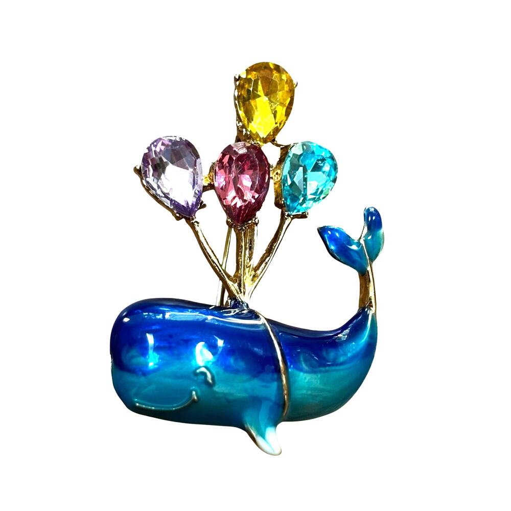 Gold & blue enamel brooch spouting smiling whale pin with colorful rhinestones